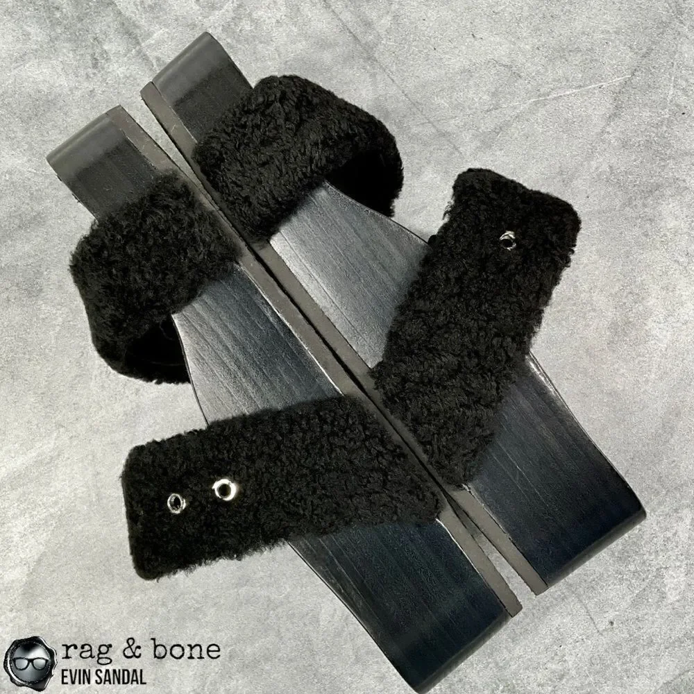 RAG & BONE EVIN GENUINE SHEARLING PLATFORM SLIDE SANDAL IN BLACK US SIZE 6 EU 36